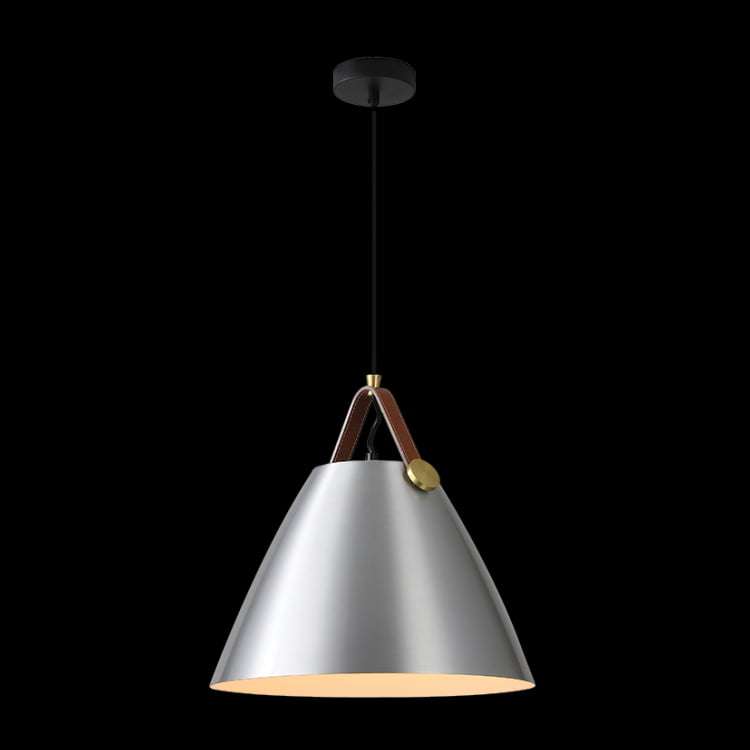 230v 40W E27 Large Leather & Iron Cone Metal Pendant, Brushed Aluminium