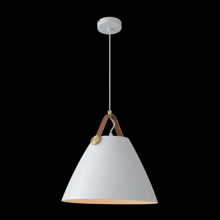 230v 40W E27 Large Leather & Iron Cone Metal Pendant, White
